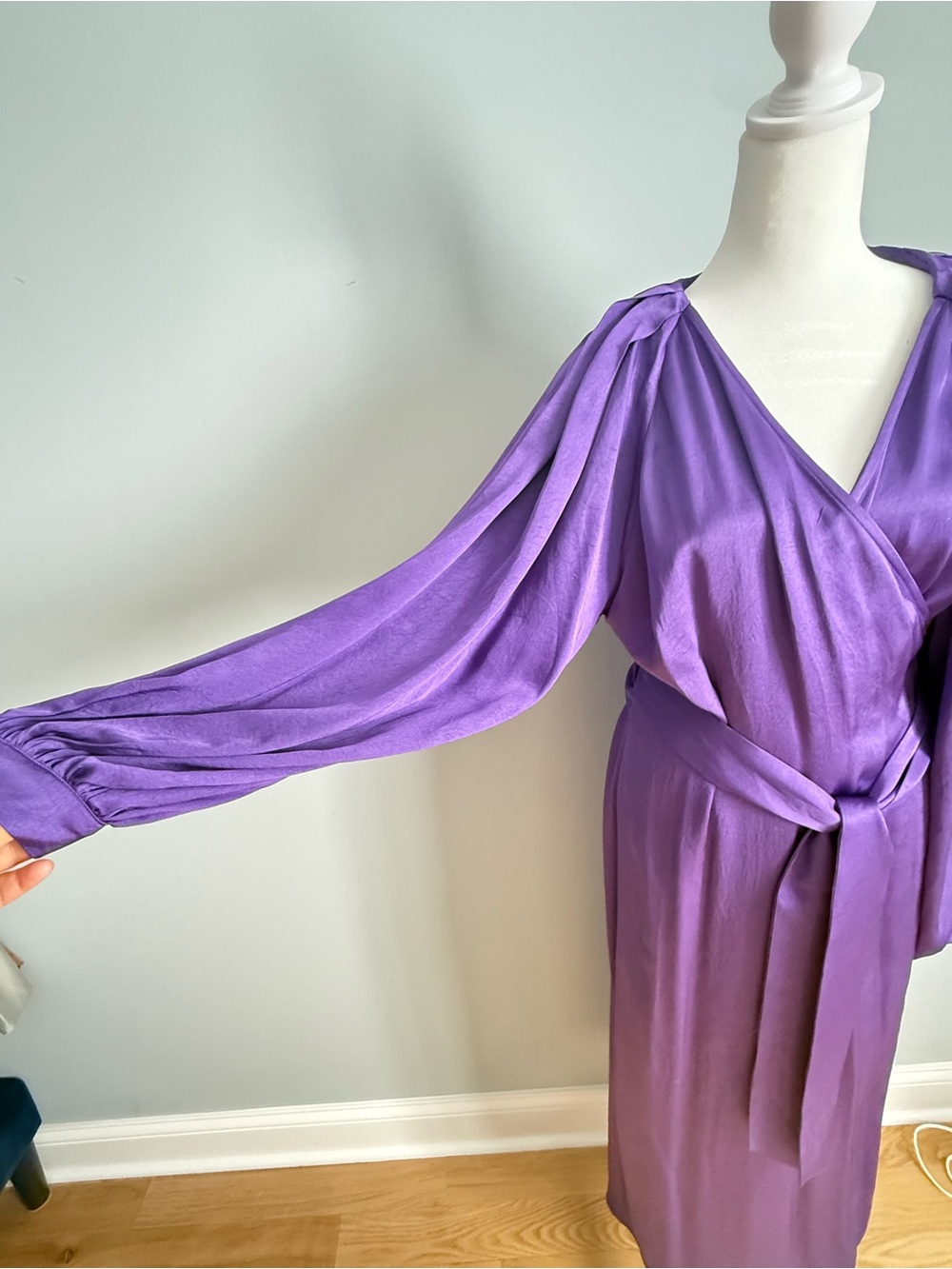 Uterque Purple Satin Wrap Midi Dress with Tie Belt - Picture 3 of 4